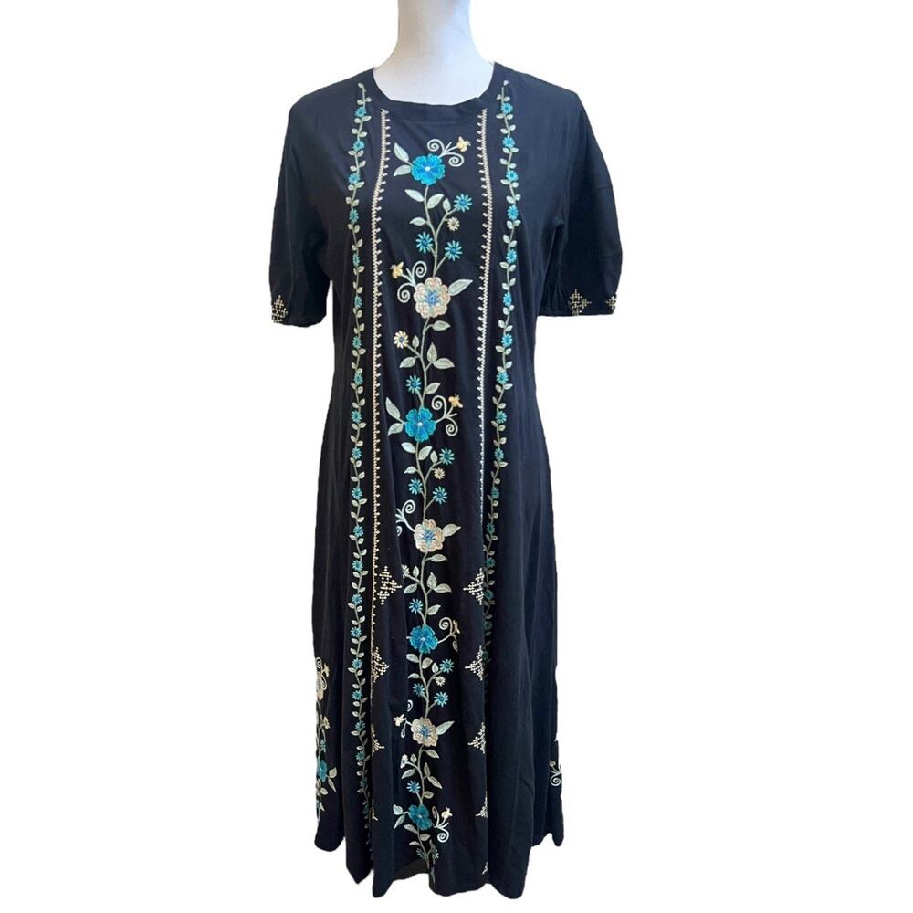 JOHNNY WAS NWT Jaanvi Black Midi Dress Balloon Slv Embroidered Boho Chic Sz S